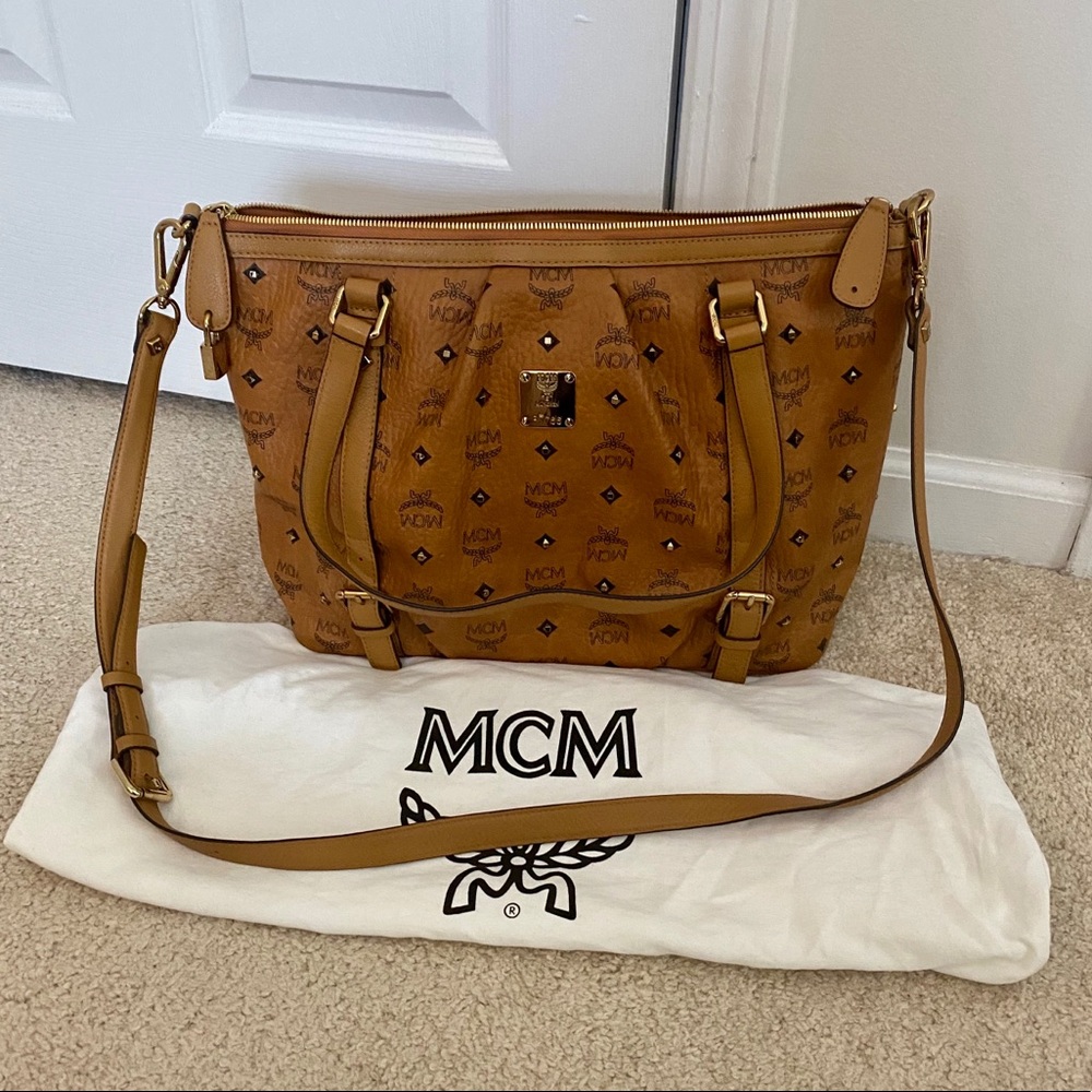 MCM Studded Top Zip Shoulder Bag